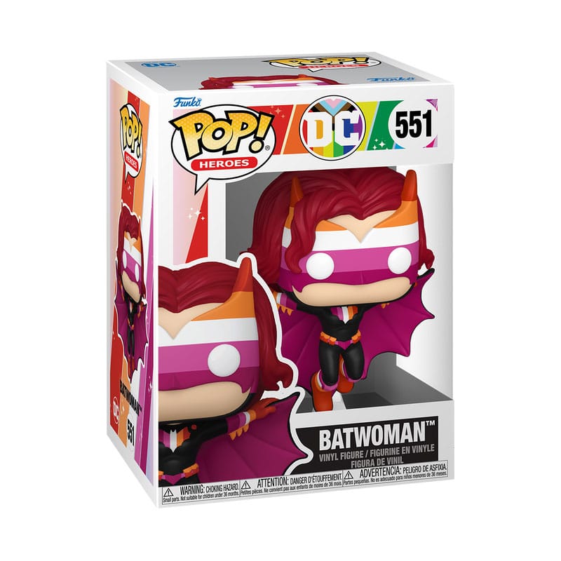 Boîte-fenêtre de la figurine Funko POP! Heroes Batwoman Pride Edition, montrant la figurine et le logo Pride.