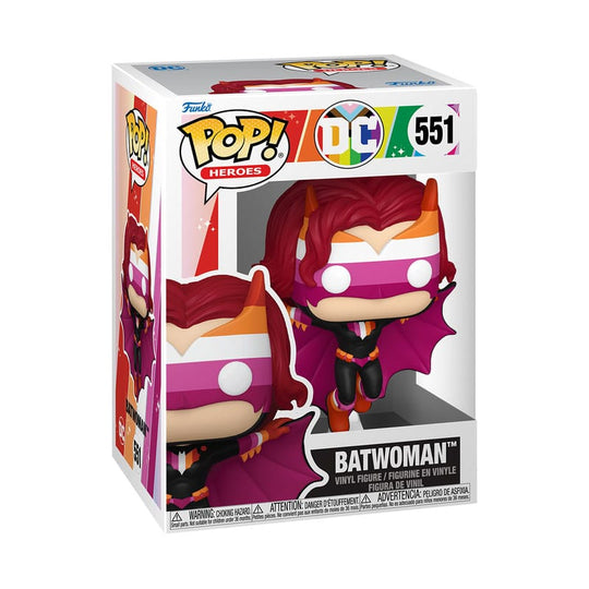 Boîte-fenêtre de la figurine Funko POP! Heroes Batwoman Pride Edition, montrant la figurine et le logo Pride.