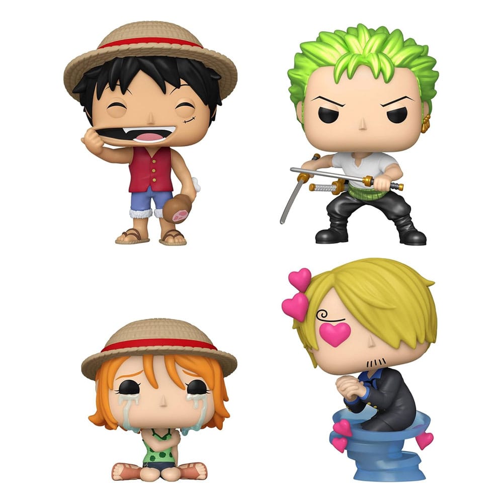 Pack 4 figurines Funko POP One Piece avec présentoir décor