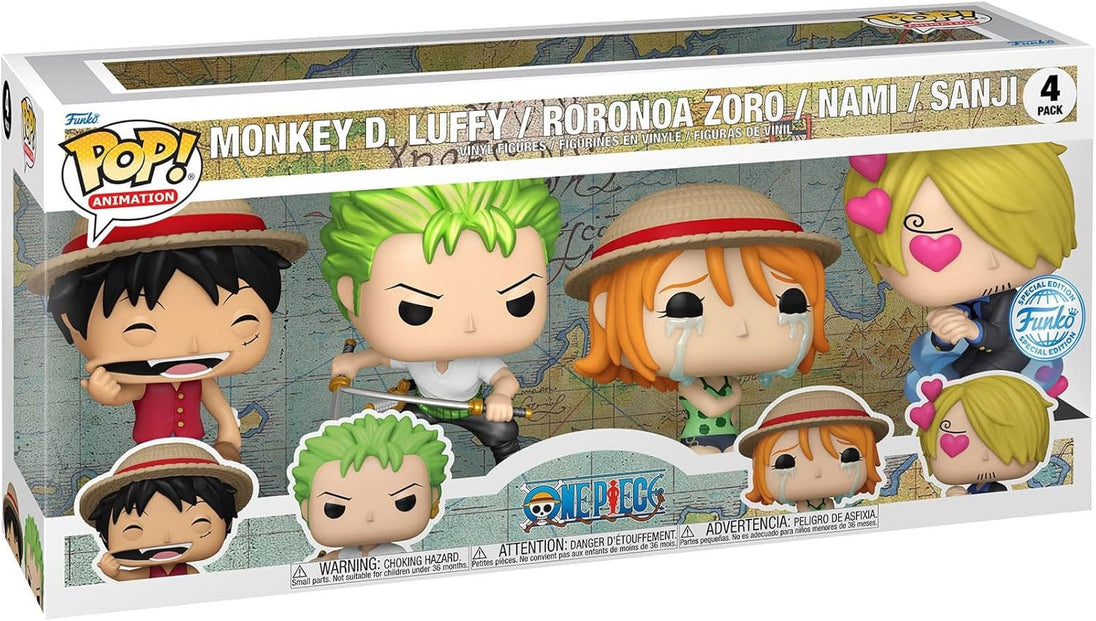 Détail des 4 figurines Funko POP One Piece en vinyle 9cm