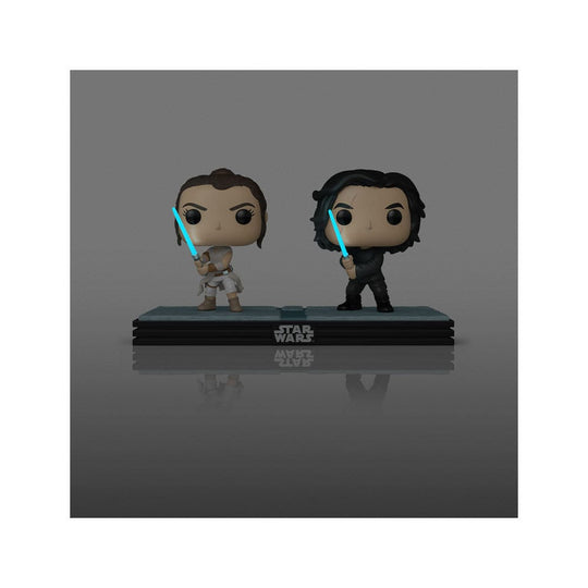 Gros plan des figurines Funko POP! Kylo Ren et Rey brillent dans le noir (GITD)