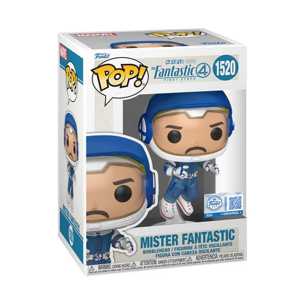 Vue détaillée de la figurine Funko POP! Mister Fantastic (Astronaut) dans sa boîte-fenêtre