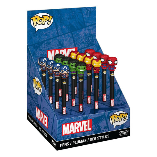 Présentoir Funko POP! Marvel New Classics de 16 stylos à bille avec embouts de personnages célèbres.