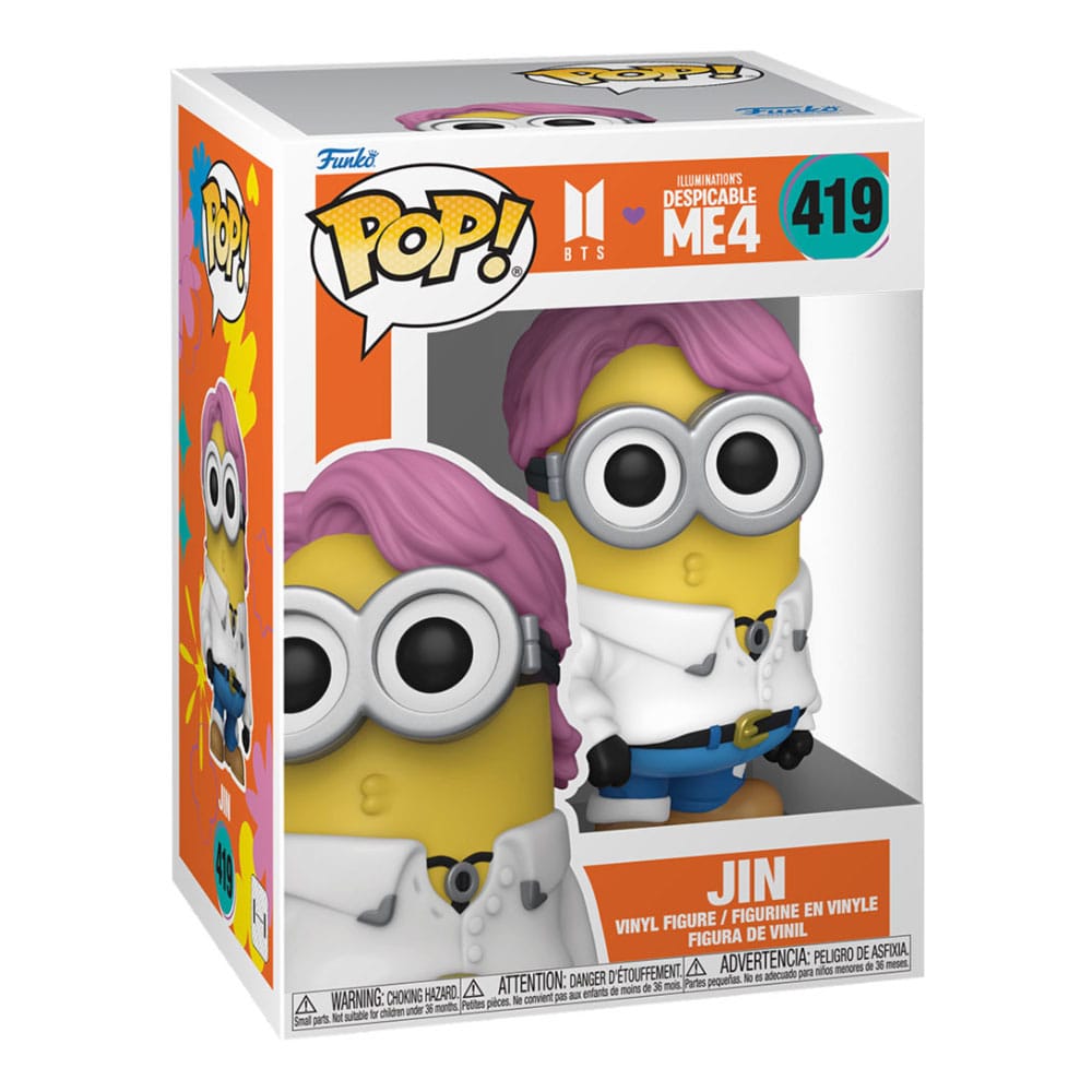 Détail de la figurine Funko POP! Minions x BTS Jin, montrant les finitions et les couleurs vives.