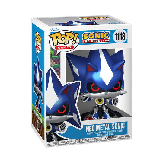 Boîte-fenêtre de la Funko POP! Neo Metal Sonic, vue d'ensemble avec le logo Sonic et Funko.