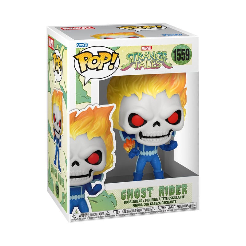 Figurine Funko POP! Marvel Ghost Rider Strange Tales hors de sa boîte, détails du crâne enflammé et de la chaîne