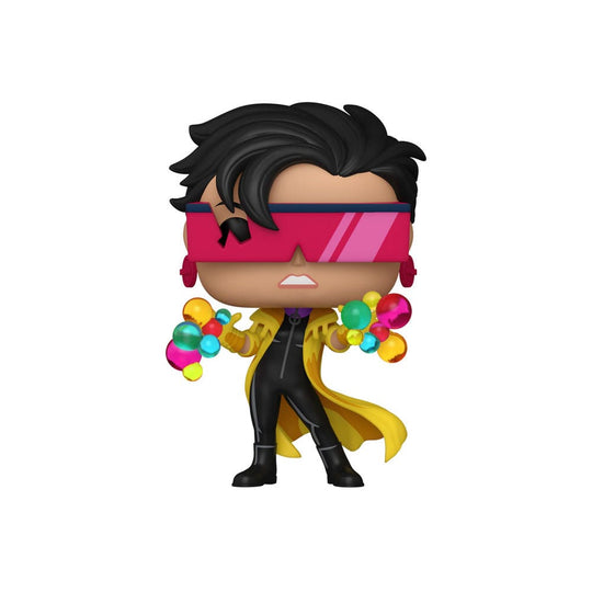 Détail de la figurine Funko POP! Jubilee X-Men '97 avec ses lunettes et son manteau jaune