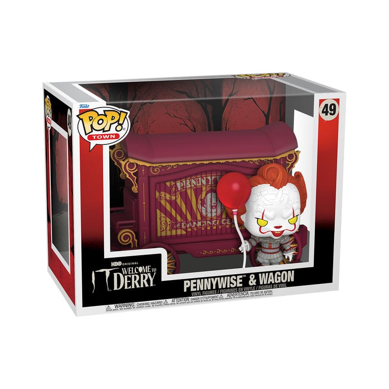 Détail de la figurine Funko POP! Town Pennywise avec son ballon rouge et le wagon