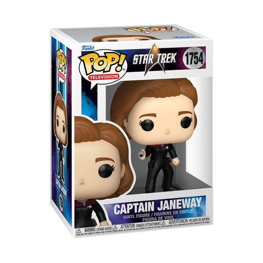 Boîte-fenêtre de la figurine Funko Pop! Star Trek Capitaine Janeway, montrant le personnage et le logo.