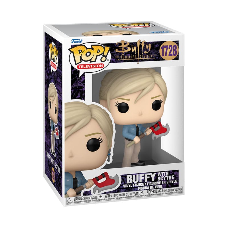 Vue détaillée de la figurine Funko POP! Buffy Summers avec sa Faux dans sa boîte-fenêtre
