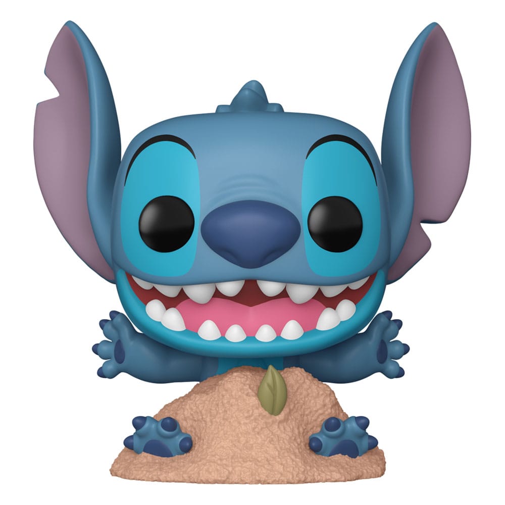 Figurine Funko POP! Stitch in Sand de Lilo & Stitch en vue de face, montrant Stitch souriant et détendu sur le sable.
