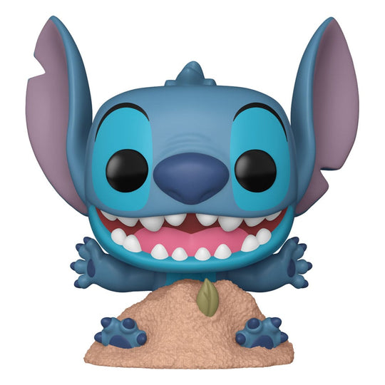 Figurine Funko POP! Stitch in Sand de Lilo & Stitch en vue de face, montrant Stitch souriant et détendu sur le sable.