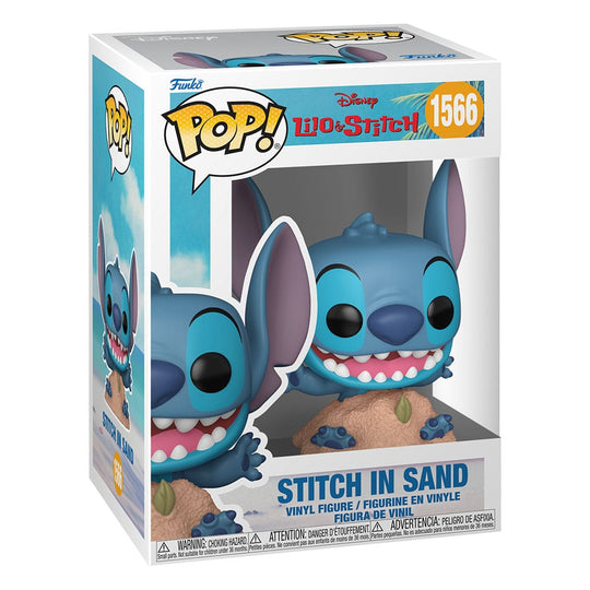 Boîte-fenêtre de la figurine Funko POP! Stitch in Sand, avec le logo Funko et les détails du personnage de Stitch.