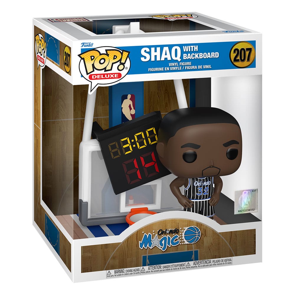 Détail de la figurine Funko POP! NBA Shaq Deluxe montrant le joueur et le panier.