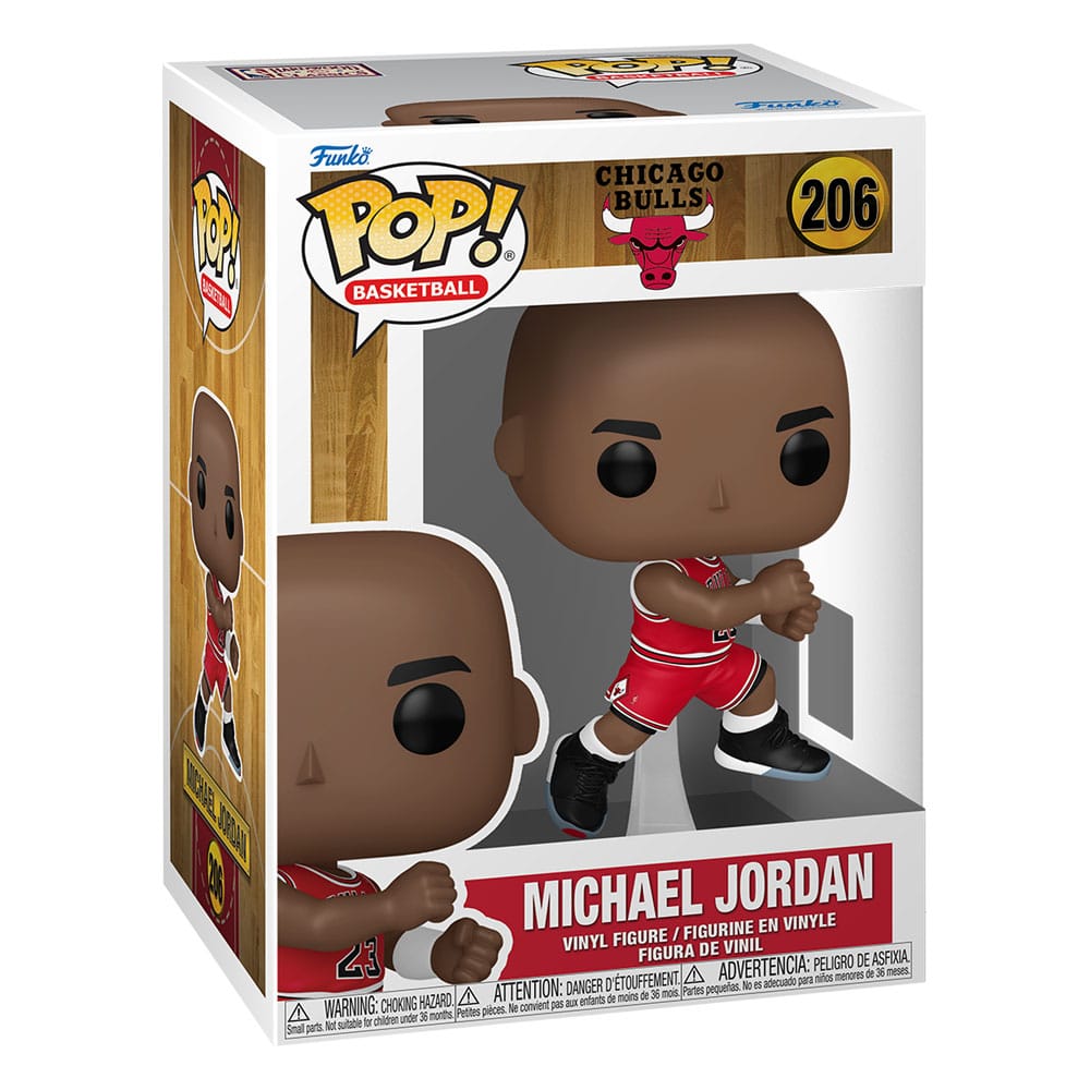 Détail de la figurine Funko POP! Michael Jordan '89, montrant le maillot des Bulls et le ballon de basket.