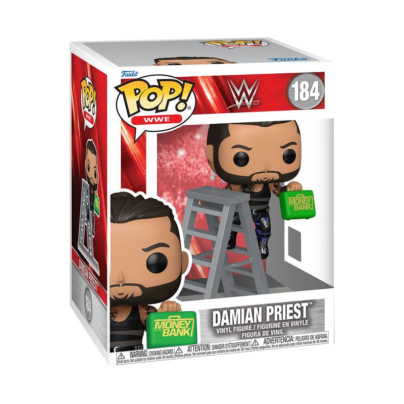 Détail de la figurine Funko POP! Damian Priest MITB dans sa boîte-fenêtre
