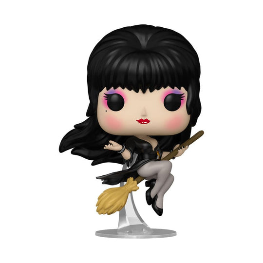 Figurine Funko Pop Elvira avec balai, vue de face, dans sa boîte-fenêtre.