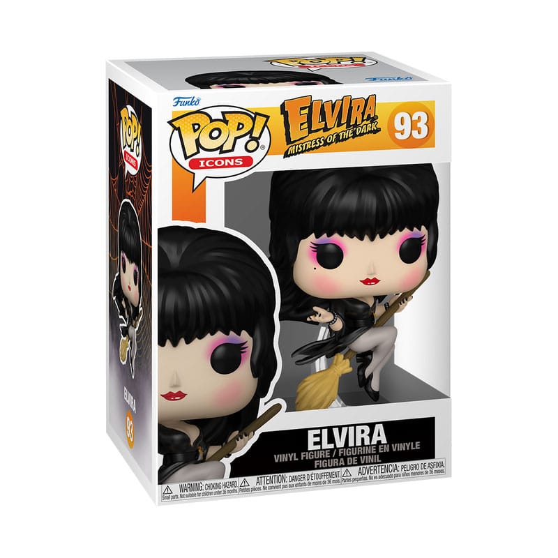 Figurine Funko Pop Elvira avec balai, hors de sa boîte, détails du costume et du balai.