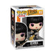 Figurine Funko Pop Elvira avec balai, hors de sa boîte, détails du costume et du balai.
