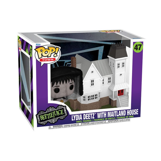 Vue détaillée de la figurine Funko POP! Town Lydia Deetz avec la Maison Maitland dans sa boîte-fenêtre