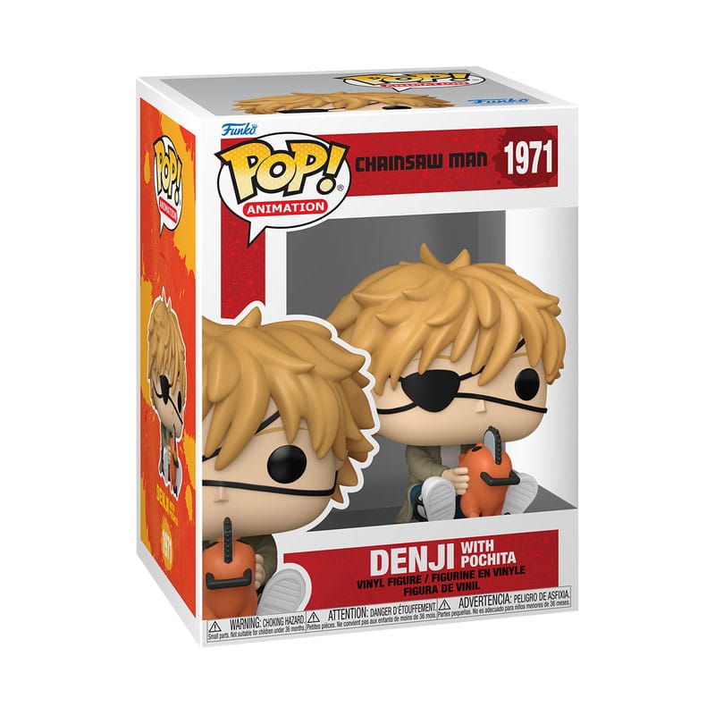 Boîte-fenêtre de la figurine Funko POP Denji & Pochita Chainsaw Man, avec illustration et logo Funko.
