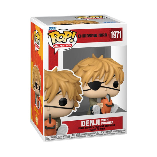Boîte-fenêtre de la figurine Funko POP Denji & Pochita Chainsaw Man, avec illustration et logo Funko.