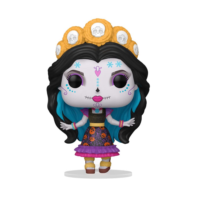 Figurine Funko POP! Skelita Calaveras Monster High en vinyle 9 cm, vue de face dans sa boîte-fenêtre.