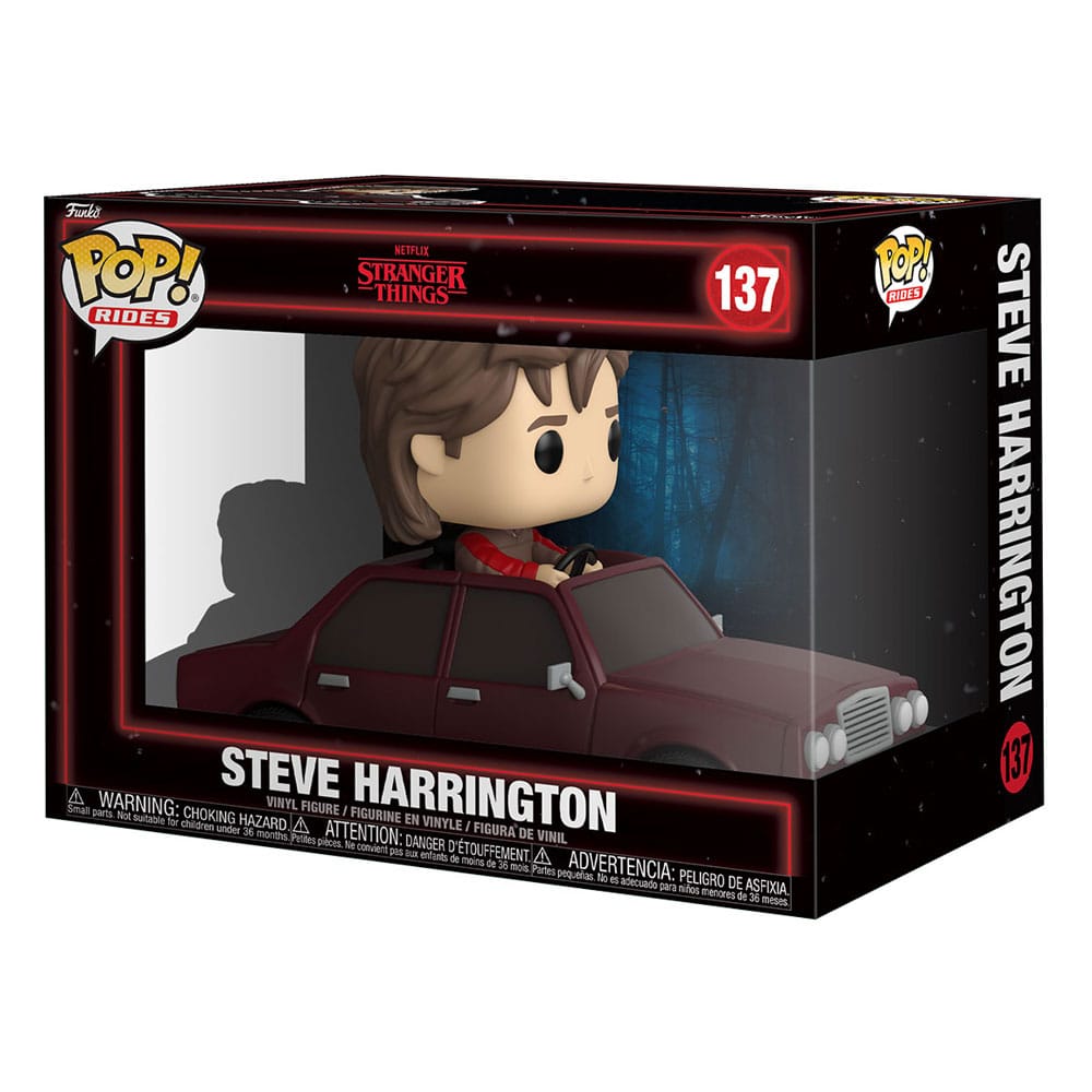 Boîte-fenêtre de la figurine Funko POP! Rides Steve Harrington, montrant le produit et le logo Stranger Things.