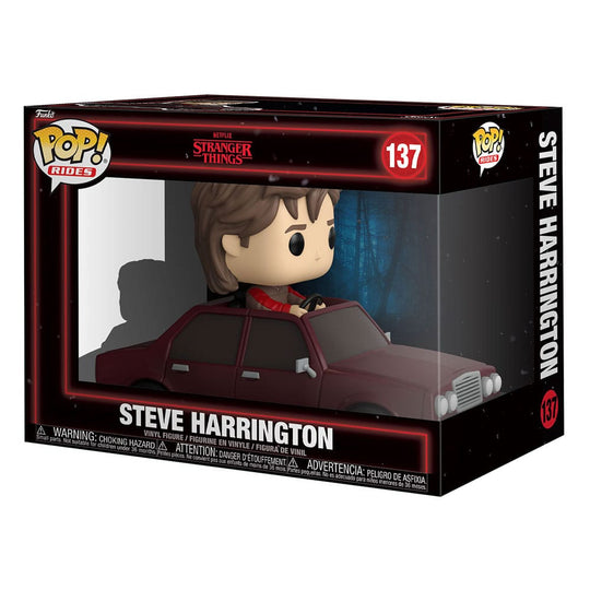 Boîte-fenêtre de la figurine Funko POP! Rides Steve Harrington, montrant le produit et le logo Stranger Things.