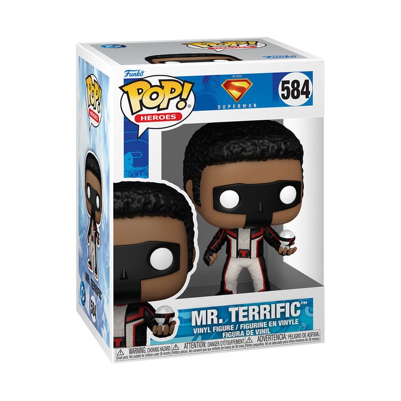 Boîte-fenêtre de la figurine Funko POP! Mr. Terrific Superman (2025) avec le logo Funko et le personnage