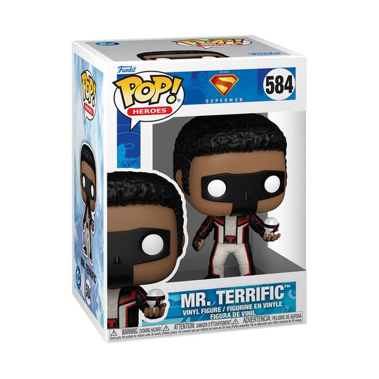 Boîte-fenêtre de la figurine Funko POP! Mr. Terrific Superman (2025) avec le logo Funko et le personnage