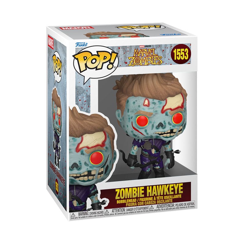 Détail de la figurine Funko POP! Marvel Zombies Hawkeye Zombie, montrant ses flèches et son visage