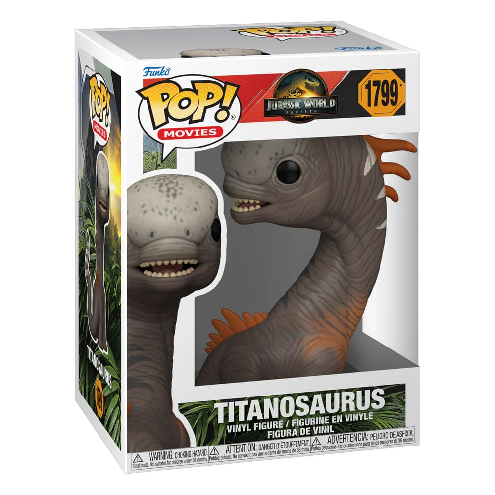 Figurine Funko POP! Titanosaurus Jurassic World Renaissance hors de sa boîte, vue détaillée du dinosaure.