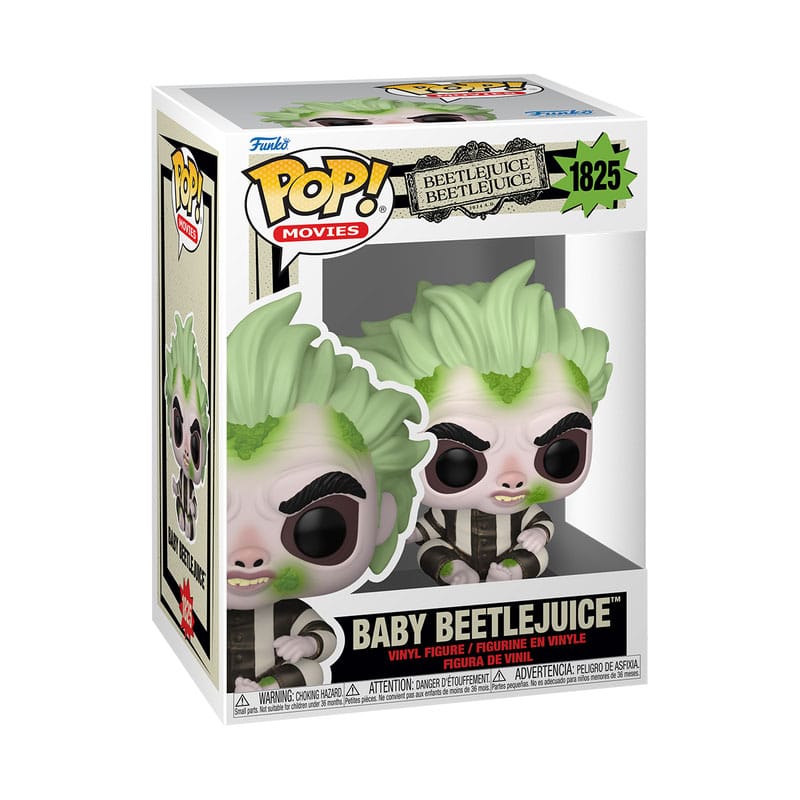 Boîte-fenêtre de la figurine Funko POP! Baby Beetlejuice, montrant le personnage et le logo