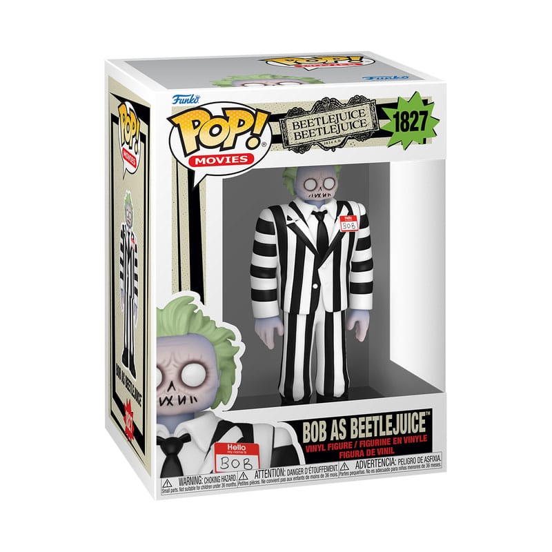 Gros plan sur la figurine Funko POP! Beetlejuice (Bob) montrant les détails du costume et du visage.