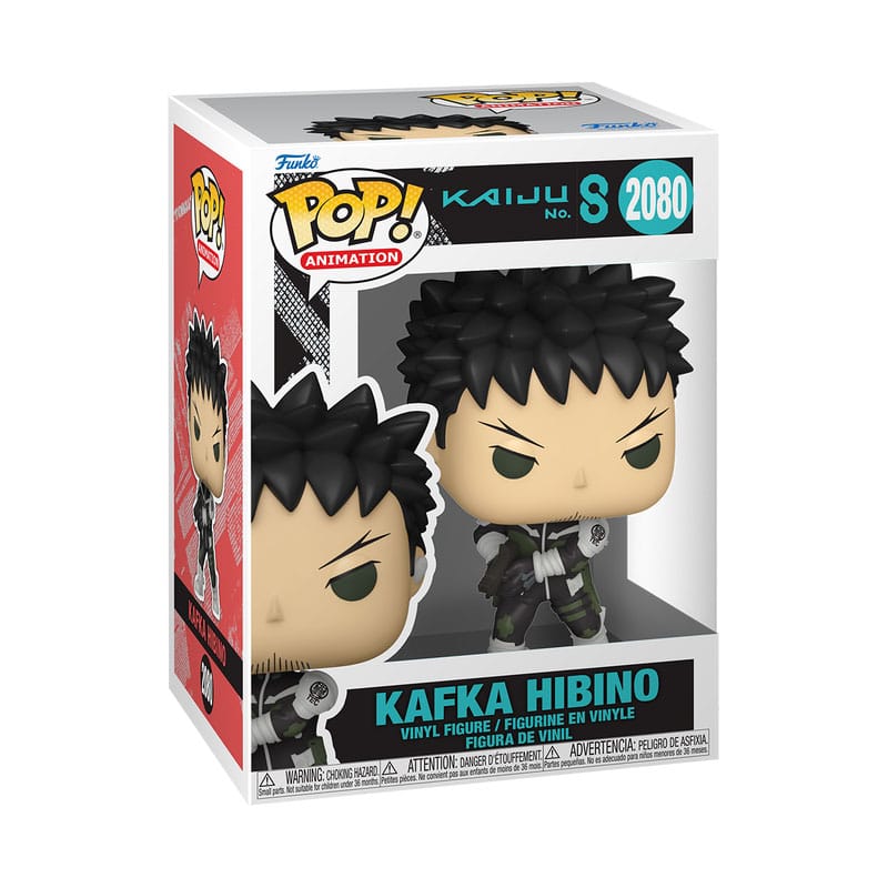 Boîte-fenêtre de la figurine Funko POP! Kaiju No. 8 Kafka, montrant le packaging et la figurine à l'intérieur.