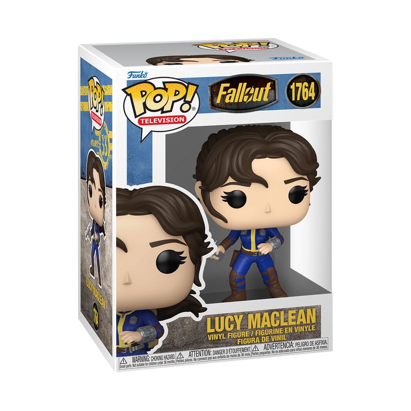 Détail de la figurine Funko POP! Lucy MacLean de Fallout, montrant sa combinaison du Vault 33 et son expression.
