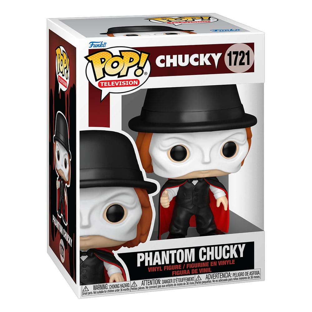 Boîte-fenêtre de la figurine Funko POP! Chucky Phantom Chucky, montrant le produit et le logo Funko