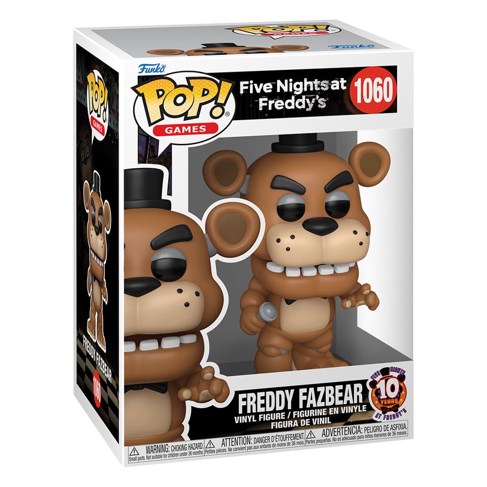 Détail de la figurine Funko POP! Freddy FNAF 10 ans, montrant la qualité du vinyle et les couleurs emblématiques.
