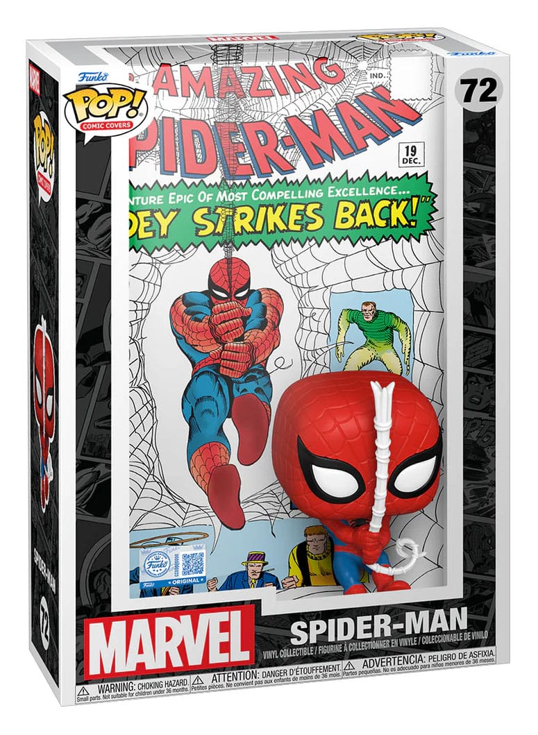 Détail de la figurine Funko POP! Spider-Man #19 avec l'arrière-plan de la couverture du comic