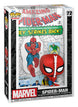 Détail de la figurine Funko POP! Spider-Man #19 avec l'arrière-plan de la couverture du comic