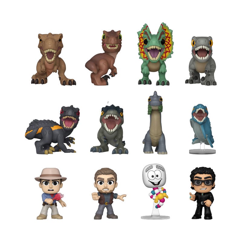 Trois figurines Funko Mystery Minis Jurassic World ouvertes, montrant un dinosaure et un personnage