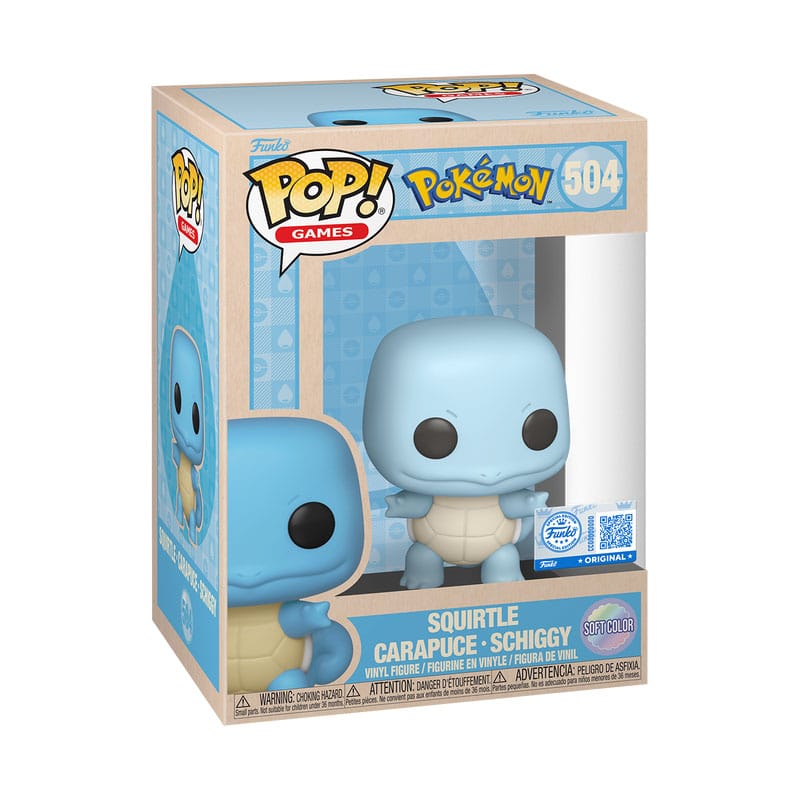 Boîte-fenêtre de la figurine Funko POP! Squirtle (Soft Color) avec logo Pokémon