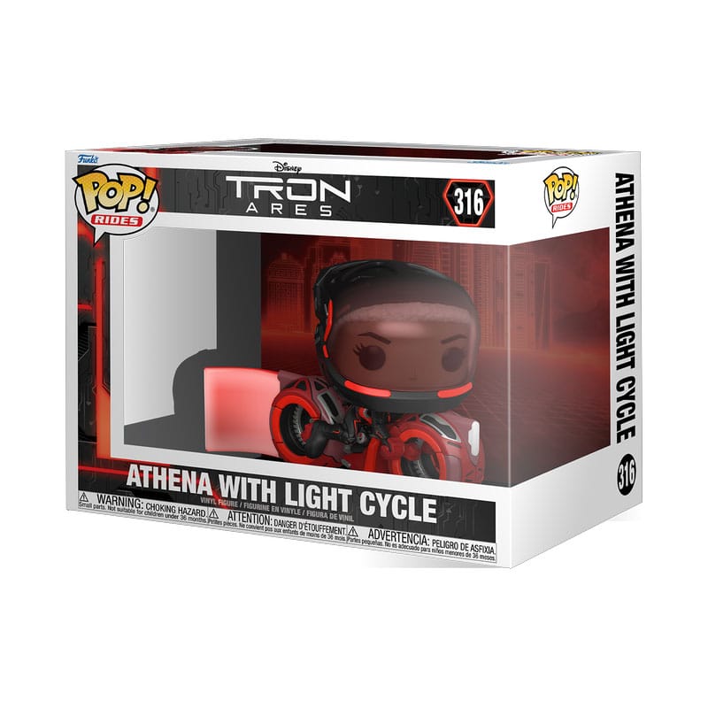 Boîte-fenêtre de la figurine Funko POP! Rides Tron: Ares Athena avec Light Cycle.