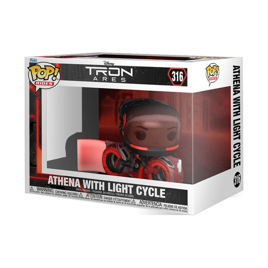 Boîte-fenêtre de la figurine Funko POP! Rides Tron: Ares Athena avec Light Cycle.