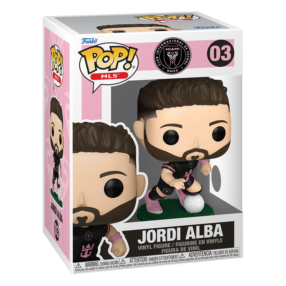 Boîte-fenêtre de la figurine Funko POP! Jordi Alba Inter Miami (Away) avec le produit visible