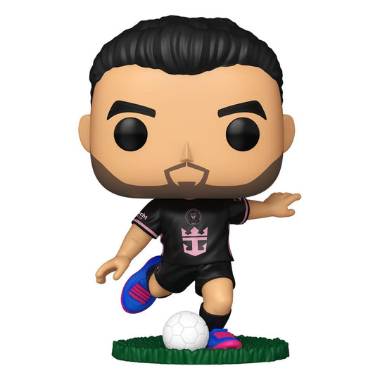 Figurine Funko POP! Sergio Busquets Inter Miami (Away) vue de face, détails du maillot et du joueur.