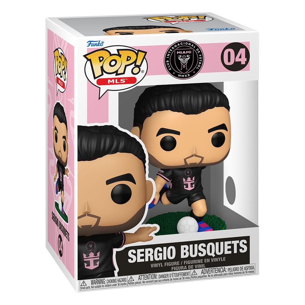 Boîte-fenêtre de la figurine Funko POP! Sergio Busquets Inter Miami (Away) avec figurine visible à l'intérieur.