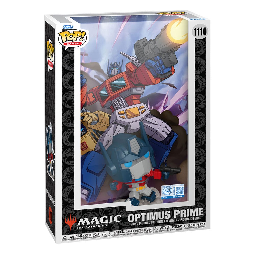 Détail de la figurine Funko POP! Optimus Prime MTG avec boîte de protection et motif Magic
