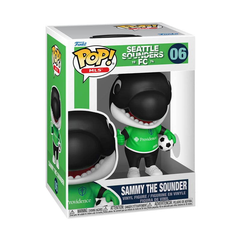 Figurine Funko POP! MLS Sammy the Sounder hors de sa boîte, détails du vinyle et de la pose.